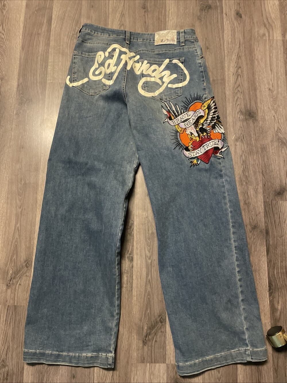 Authentic Ed Hardy Baggy Wide Leg Jeans Eagle Embroidered Y2K Denim Blue Men 30